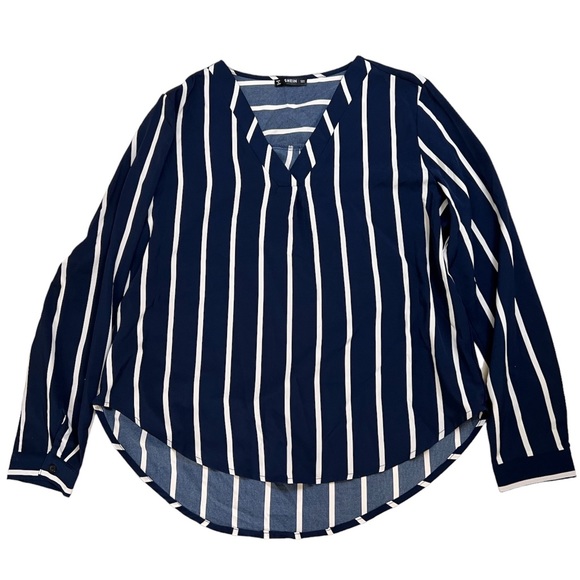 SHEIN Tops - SHEIN V-neck blue off white strips long sleeve top L